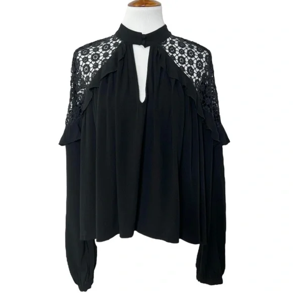SOLD-Free People Ruffled Crochet Lace Black Draped Relaxed Long Sleeve Top - Picture 2 of 13